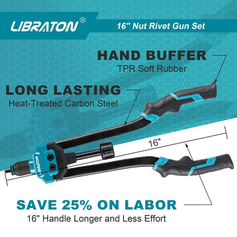 16 Inch Rivet Nut Tool Set With Hand Rivet Nut Gun featuring 16-inch handle, TPR soft rubber grip, heat-treated carbon steel.
