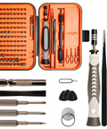 Ultra Compact Precision Screwdriver Set With Aluminum Handle And Flexible Shaft Grab-and-Go Magnetic Bits 117 CRV Bits Plus 3 Lengthened Bits Extension Rod Pry Tool Magnetizer And Demagnetizer For Phones Laptops Tablets Watches And DIY Projects displayed with case and tools