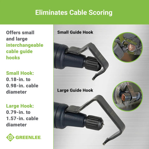 Close-up of Pocket Cable Stripping Tool With High Carbon Steel Blade, interchangeable guide hooks, fits 0.18-1.57 inch cables.