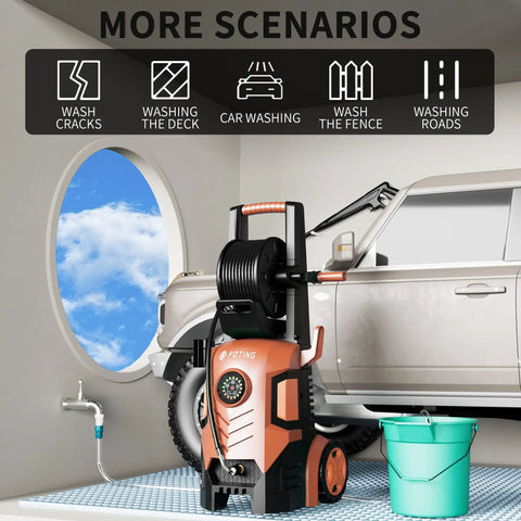 Beast Mode Cleaning Power With 5000 Max PSI Pressure Washer Touchscreen Control And Foam Cannon Eight Spray Levels next to car