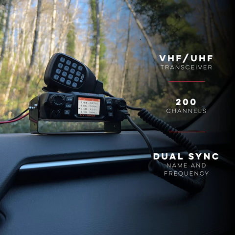 UV50X2 Second Gen Beefy 50 Watt Dual Band Base Mobile Radio For VHF UHF Amateur Ham With RJ45 Microphone Port in a car dashboard