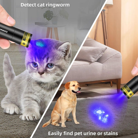 Powerful Dual UV Flashlight 365nm 395nm Mini Wood Lamp USB C Rechargeable Ultraviolet Blacklight showing pet urine detection