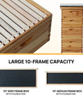 10 Frame Langstroth Beehive with Beeswax Coating, includes frames and foundations in deep and medium boxes.