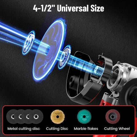 Avhrit 4-1/2 inch angle grinder, 10A, 13000 RPM; includes metal cutting disc and cutting wheel.