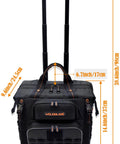 46 Pocket 26 Inch Rolling Tool Bag On Wheels For Pros shown upright with measurements and telescoping handle