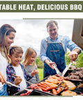Family grilling outdoors with propane regulator, enjoying BBQ with meats and vegetables, emphasizing stable heat, delicious BBQ.