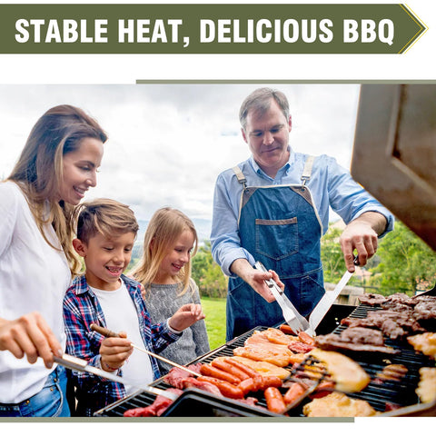 Family grilling outdoors with propane regulator, enjoying BBQ with meats and vegetables, emphasizing stable heat, delicious BBQ.