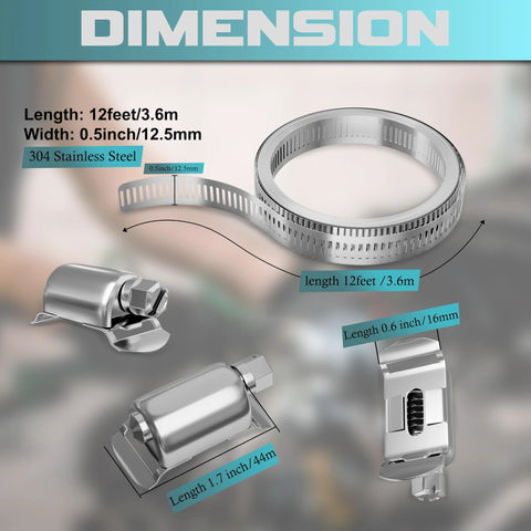 cut-to-fit stainless steel hose clamps kit with strap dimensions and fasteners displayed