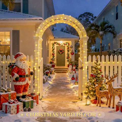 2 Pack Outdoor Solar String Lights With 33 Feet Copper Wire, 100 LED Warm White Fairy Lights on a Christmas-decorated yard