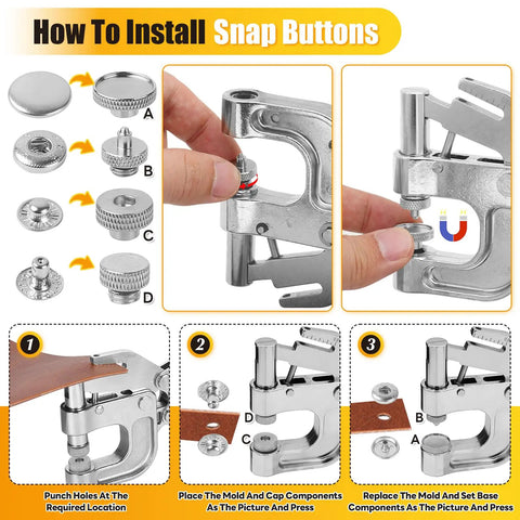Heavy Duty Snap Button Press Kit With Carbon Steel Pliers Including 160 Leather Rivets 20 Magnetic Snaps And 40 Leather Snaps For Leather Craft Denim Repair And DIY Projects Integrated Hole Punch For Quick Holes And Snaps instructions diagram