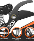 Close-up of 8.5 Inch Pruning Shears For Easy Cuts With Ultra Sharp Japanese Steel Titanium Blade showing grip, spring, and lock.