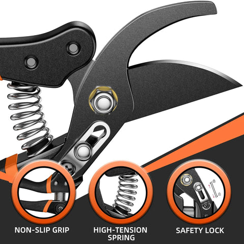 Close-up of 8.5 Inch Pruning Shears For Easy Cuts With Ultra Sharp Japanese Steel Titanium Blade showing grip, spring, and lock.