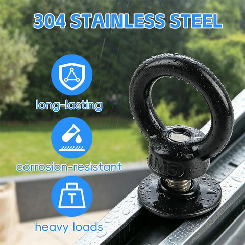Badass M6 T Track Bolts With Killer Eye Nuts For Heavy Duty Roof Rack Builds Black Finish 304 Stainless Steel Tough Cargo Tie Down Universal Hardware Pack Of Four close-up of black coated stainless steel T-bolt with eye nut.