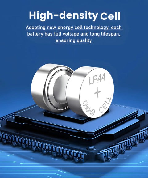 Close-up of two LR44 batteries on a microchip background, highlighting the 10 Pack Lr44 Batteries 1.5 Volt Alkaline Ag13 A76 357 Sr44 Top Tier Power Cells.