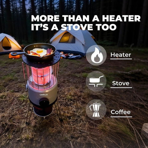 8,500 BTU Portable Propane Heater For Outdoors With Tilt Switch And Two Speed Heating, Lightweight 4.2 Lb With Carry Bag shown in campsite