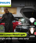 Mechanic using Xperion 6000 UV Pillar Rechargeable LED Work Light With Magnetic Base on car engine in garage