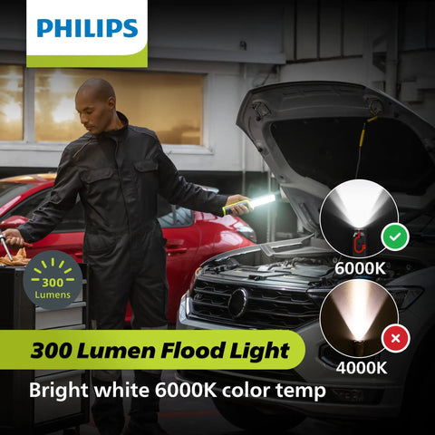Mechanic using Xperion 6000 UV Pillar Rechargeable LED Work Light With Magnetic Base on car engine in garage