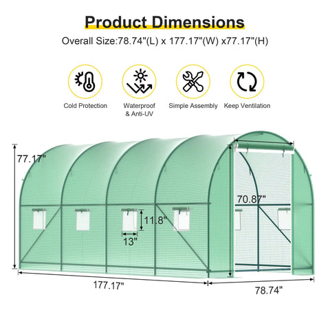 Walk-In Garden Greenhouse 15x7x7 With Spraying System, Heavy-Duty Galvanized Frame, 6 Mesh Vent Windows, Zippered Roll-Up Door, Big Outdoor Plant House For Seedlings, Veggies, Flowers