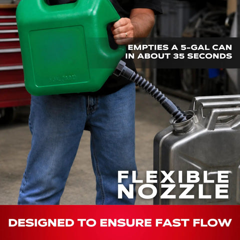 Person using Hi-Flo Industrial Can Spout Replacement with Flexible Nozzle for Deluxe Cans and Water Jugs, pouring into metal canister