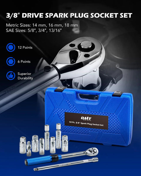 Three Eighths Inch Drive Spark Plug Socket Set With 72 Tooth Click Torque Wrench Magnetic Swivel Sockets in case
