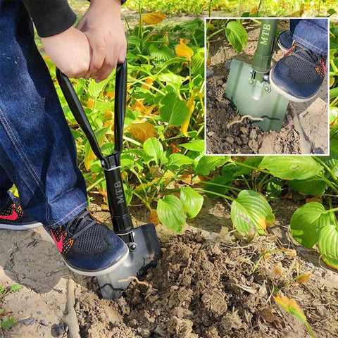 Person using Beefy Folding Camping Shovel With Wood Saw Edge, High Carbon Steel Entrenching Tool, 18.3 Inch for digging in garden.