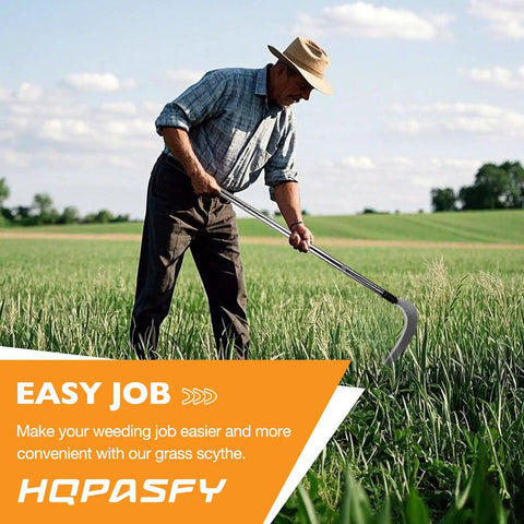 Man using a grass scythe in a field, showcasing easy yard work with Long Reach Weeding Tool Set With Serrated Double Edged Blade.