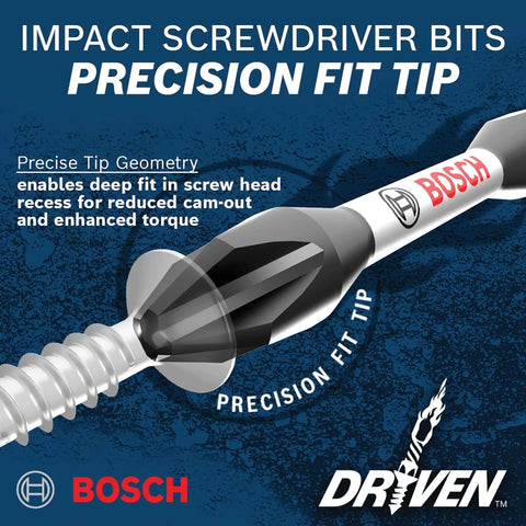 Bosch 2 in. impact slotted power bits #8-10 with precision-fit tip, front view.