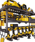 Heavy Duty Power Tool Organizer For Wall Mount Garage Storage With 320 Pounds Capacity Three Tier Iron Wire Rack With Seven Drill Slots And Battery Charging Station Shelf, shown with tools mounted and organized.