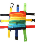 Colorful Buckle Pillow Sensory Toy For Fine Motor Development And Kid Friendly Hands On OT Therapy With Threading Counting Latches And Zipper Skill Practice SENSORY4U Plushie, rainbow design with zippers, buckles, snaps