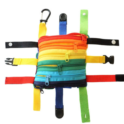 Colorful Buckle Pillow Sensory Toy For Fine Motor Development And Kid Friendly Hands On OT Therapy With Threading Counting Latches And Zipper Skill Practice SENSORY4U Plushie, rainbow design with zippers, buckles, snaps