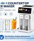 3 In 1 Countertop Ice Maker Featuring An Automatic Ice Crusher And Water Dispenser To Make Bullet Ice Shaved Treats Or Slush Fast with ice drinks.