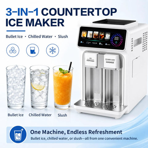 3 In 1 Countertop Ice Maker Featuring An Automatic Ice Crusher And Water Dispenser To Make Bullet Ice Shaved Treats Or Slush Fast with ice drinks.