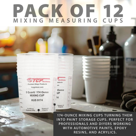 5 Quart Plastic Mixing Cups Set, 12 Pack For Paint, Automotive Coatings, Epoxy, Acrylic Arts with graduated measurement ratios