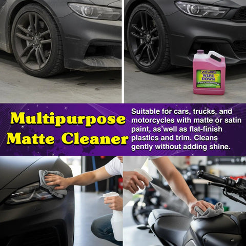 Detailer Spray For Matte Finishes And Delicate Surfaces Like Suede And Denim, Auto Car Polish That Cleans Without Oily Residue, Preserves A Flat Matte Look, Ideal For Suede Denim Finishes, 1 Gallon bottle beside matte car surface