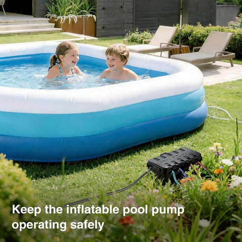 Heavy Duty Outdoor Electrical Box With Six Cable Entry Ports IP54 Waterproof ETL Certified Tough As Nails Weatherproof Box For Power Strips Timers Plugs And Holiday Lights Lockable Padlock Holes On Both Sides Black placed near an inflatable pool