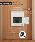 Through-The-Door Drop Box Deposit Safe In Heavy-Duty Steel With Lock, 12x6x15 Inches, installed on door showing key and lock features.