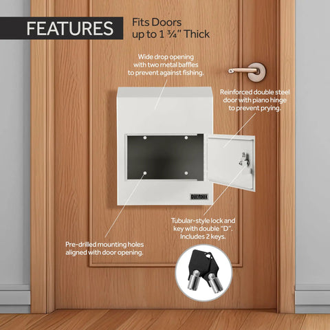 Through-The-Door Drop Box Deposit Safe In Heavy-Duty Steel With Lock, 12x6x15 Inches, installed on door showing key and lock features.