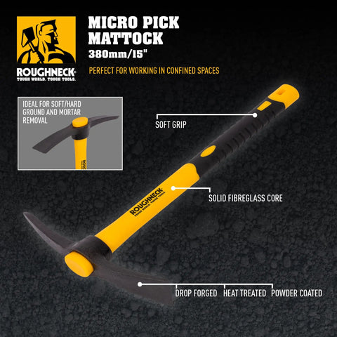 Micro Pick Mattock With Fiberglass Handle for soft and hard ground, drop forged, heat treated, powder coated, soft grip, 380mm