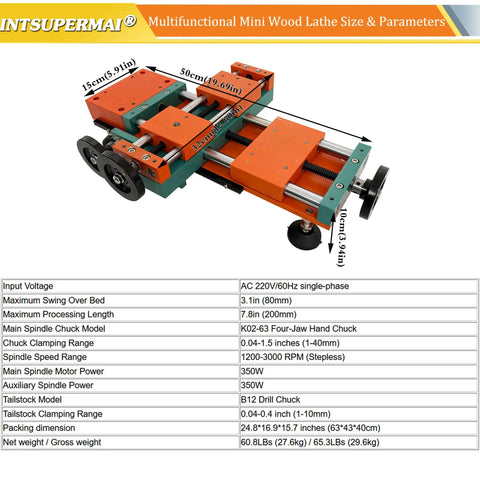 Intsuprmai Dual Motor Mini Wood Lathe Machine dimensions, measuring 19.69in x 5.91in x 3.94in for precision crafting tasks.