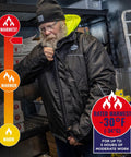 Man wearing N-Ferno 6467 Winter Work Jacket With Thermal Insulation And Removable Hood For Extreme Cold, Rugged 300D Polyester
