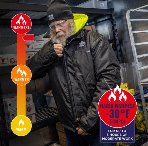 Man wearing N-Ferno 6467 Winter Work Jacket With Thermal Insulation And Removable Hood For Extreme Cold, Rugged 300D Polyester