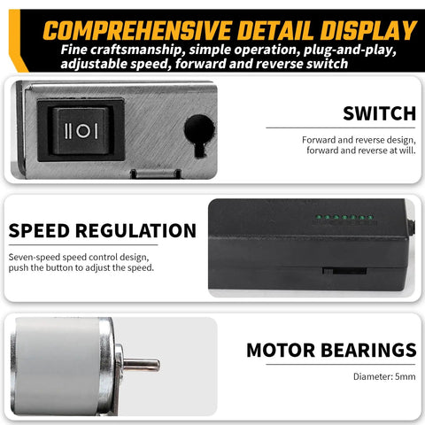 Detailed view of the Three-Wheel Mini Bench Grinder controls including forward/reverse switch, speed regulation, and motor bearings.