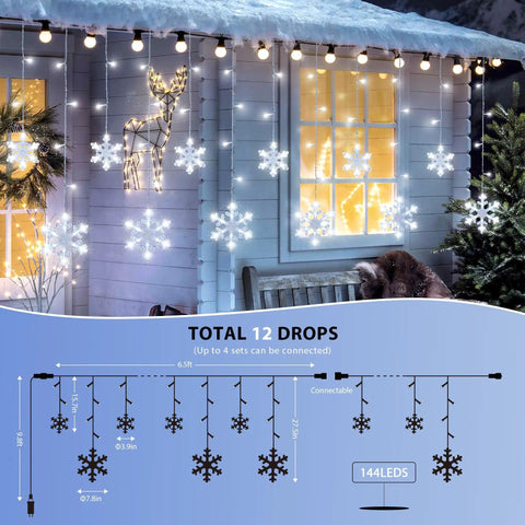 Snowflake Icicle Christmas Lights For Outdoor Decor, 6.5Ft 144LED Curtain String With 12 Drops, 8 Modes, on house eaves
