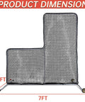 L Screen Baseball Pitching Net With Wheels, 7x7 Ft heavy-duty portable steel frame showing product dimensions