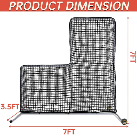L Screen Baseball Pitching Net With Wheels, 7x7 Ft heavy-duty portable steel frame showing product dimensions