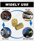 Brass Inverted Flare Brake Line Fittings Kit 12 Pieces Three Eighths Inch With Twenty Four Threads Four Unions And Eight Nuts For Three Sixteenths Inch Brake Line Tube Rust Resistant Beefy Heavy Duty Auto Hardware shown with bike, car, truck, and off-road vehicle use