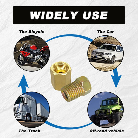 Brass Inverted Flare Brake Line Fittings Kit 12 Pieces Three Eighths Inch With Twenty Four Threads Four Unions And Eight Nuts For Three Sixteenths Inch Brake Line Tube Rust Resistant Beefy Heavy Duty Auto Hardware shown with bike, car, truck, and off-road vehicle use