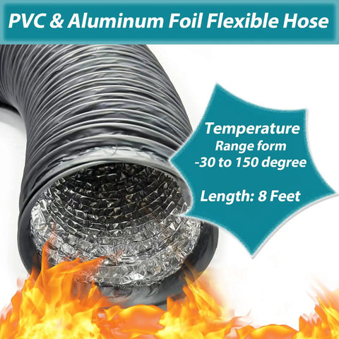 Tight Space Dryer Vent Hose Kit With 90 Degree Elbow And 8ft Flexible Hose, PVC and aluminum construction, flame background.