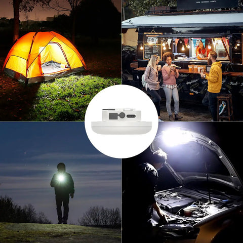 4000LM Rechargeable Hangin Camping Tent Light With Magnet shown in various outdoor scenarios at night