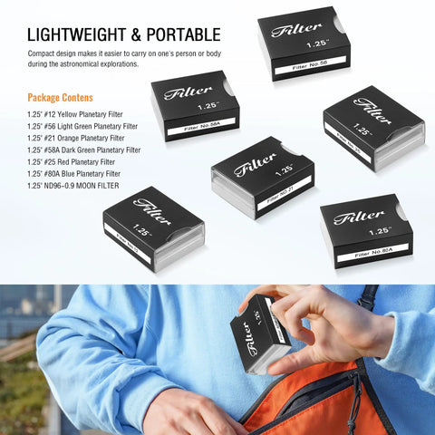 Seven 1.25 Inch Telescope Filter Set for Astronomy shown with packaging and placement in bag